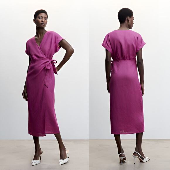 NEW Mango MNG Womens Beachy 100%‎ Linen Short Sleeve Bow Tie Wrap Midi Dress 4 - Picture 1 of 10
